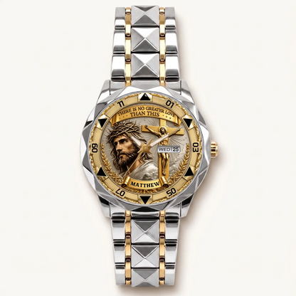 Personalized Christian crucifix watch - two-tone bracelet with silver-tone bezel
