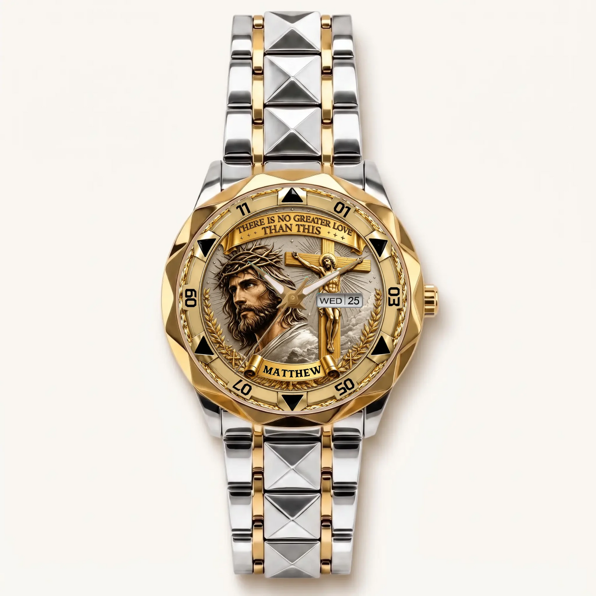 Personalized Christian crucifix watch - two-tone bracelet with gold-tone bezel