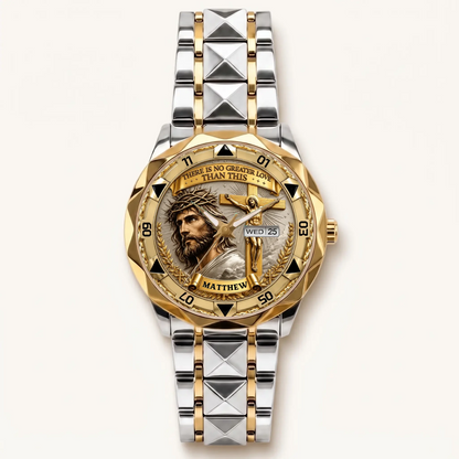 Personalized Christian crucifix watch - two-tone bracelet with gold-tone bezel