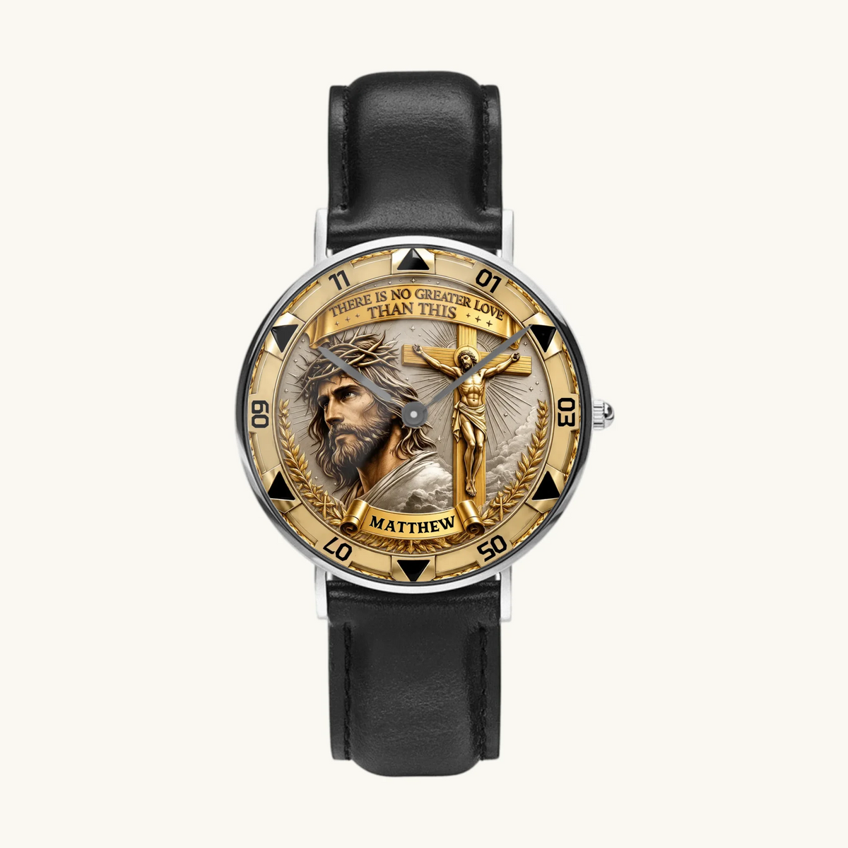 Personalized Christian crucifix watch - silver-tone case and black leather strap, front view