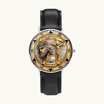 Personalized Christian crucifix watch - silver-tone case and black leather strap, front view