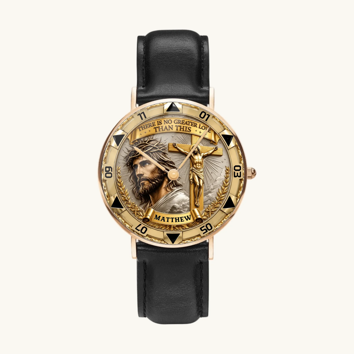 Personalized Christian crucifix watch - rose-gold-tone case and black leather strap, front view