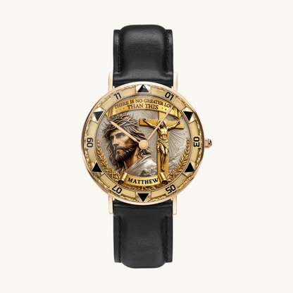 Personalized Christian crucifix watch - rose-gold-tone case and black leather strap, front view