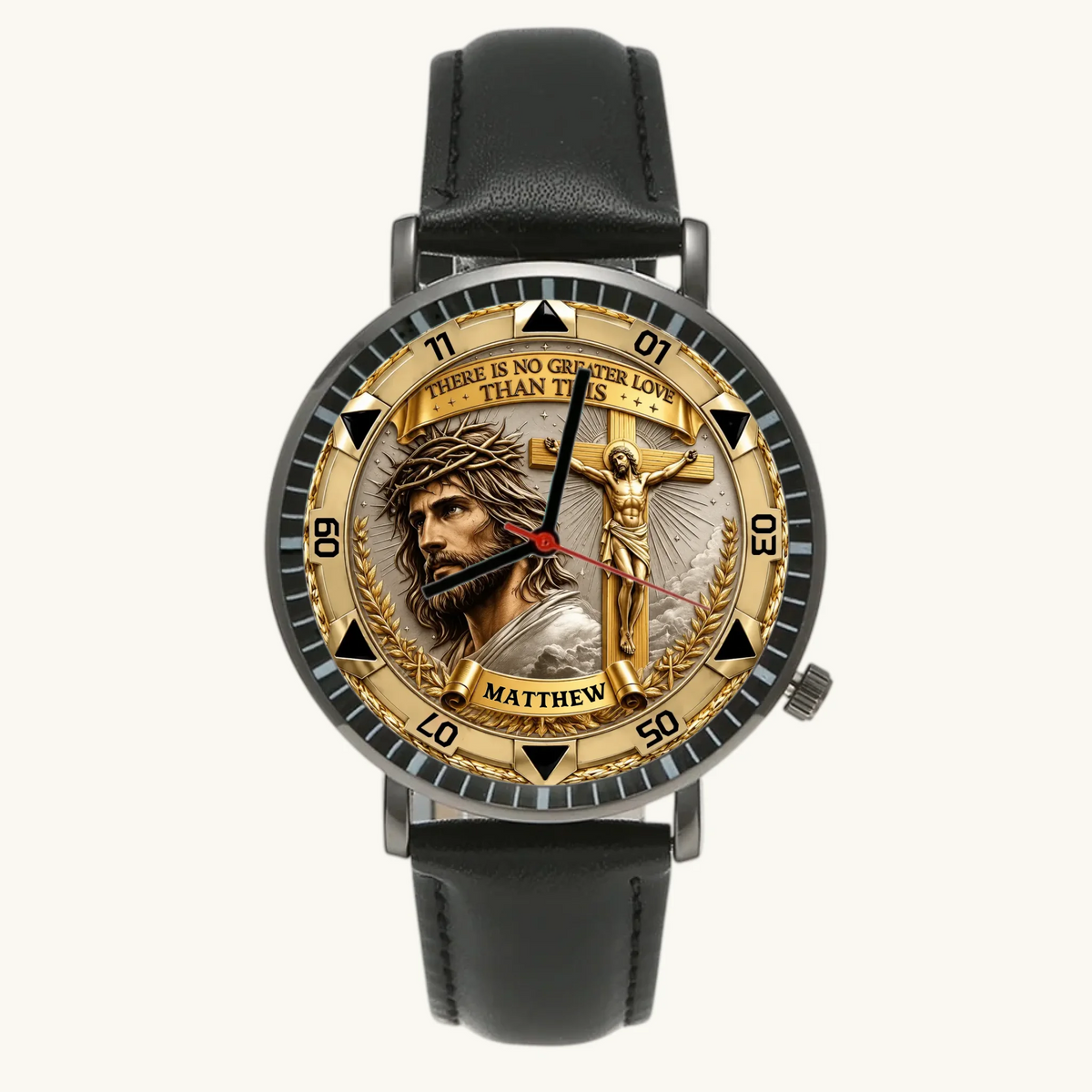 Personalized Christian crucifix watch - black case and black leather strap, front view
