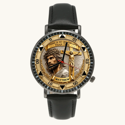 Personalized Christian crucifix watch - black case and black leather strap, front view