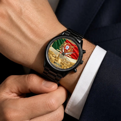 Personalized Portugal heritage watch - black metal bracelet worn with a suit