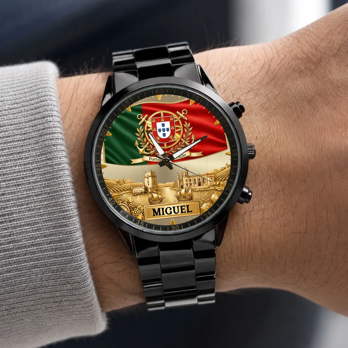 Personalized Portugal heritage watch - black metal bracelet worn with a gray sweater