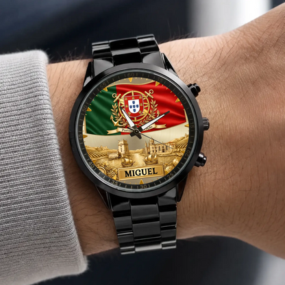 Personalized Portugal heritage watch - black metal bracelet worn with a gray sweater