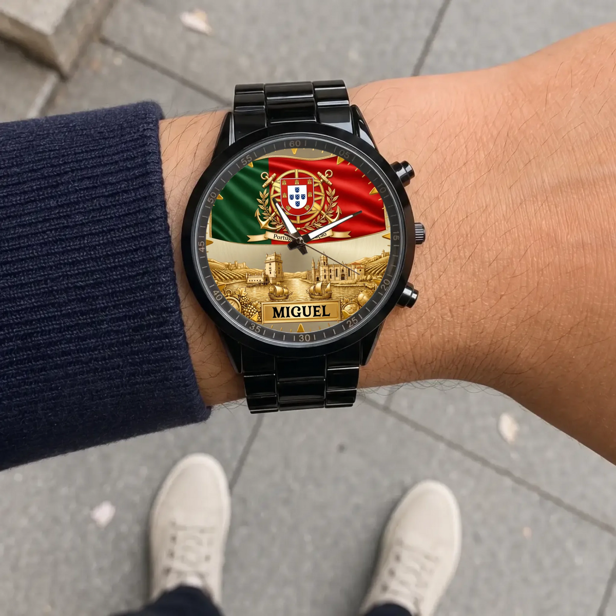 Personalized Portugal heritage watch - black metal bracelet worn outdoors