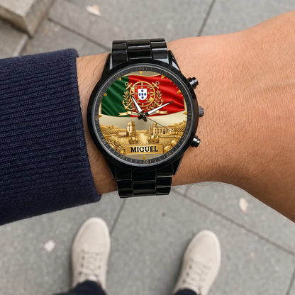 Personalized Portugal heritage watch - black metal bracelet worn outdoors