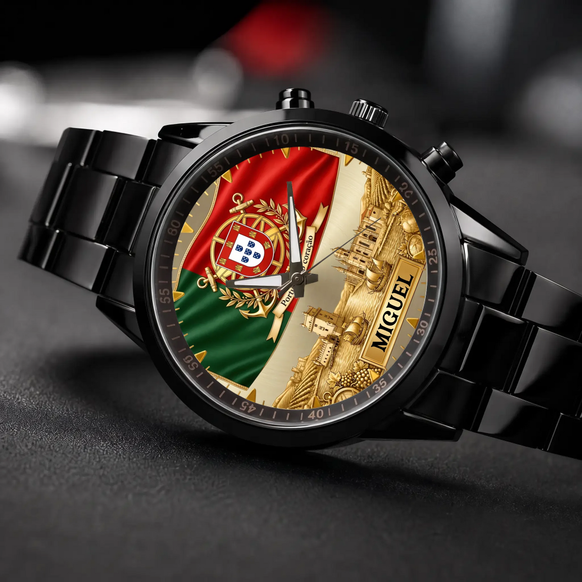 Personalized Portugal heritage watch - black metal bracelet, angled view on a dark surface