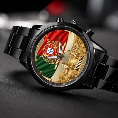 Personalized Portugal heritage watch - black metal bracelet, angled view on a dark surface