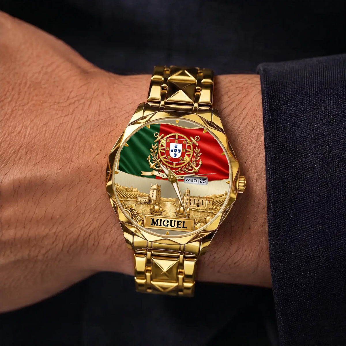 Personalized Portugal heritage watch - gold-tone faceted bracelet shown on the wrist