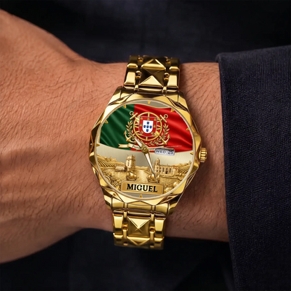 Personalized Portugal heritage watch - gold-tone faceted bracelet shown on the wrist