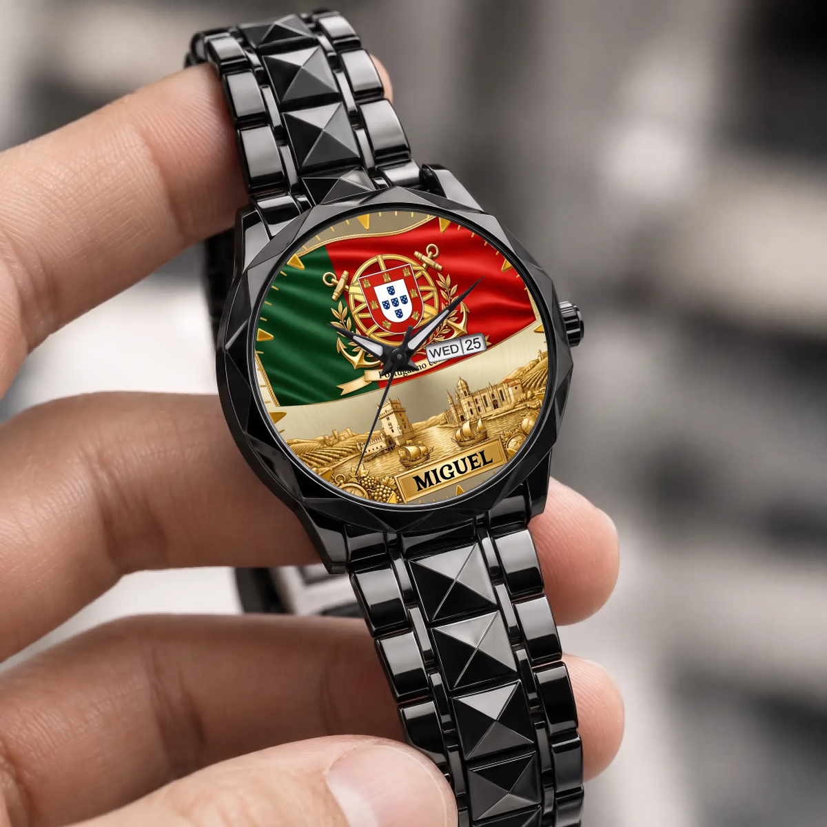 Personalized Portugal heritage watch - black faceted bracelet held in a hand