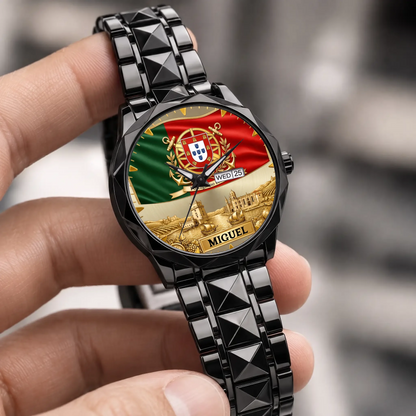 Personalized Portugal heritage watch - black faceted bracelet held in a hand