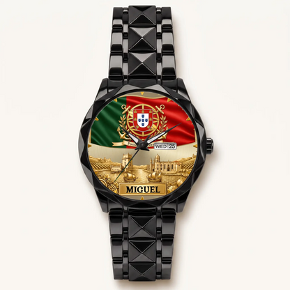 Personalized Portugal heritage watch - black faceted bracelet and day-date display