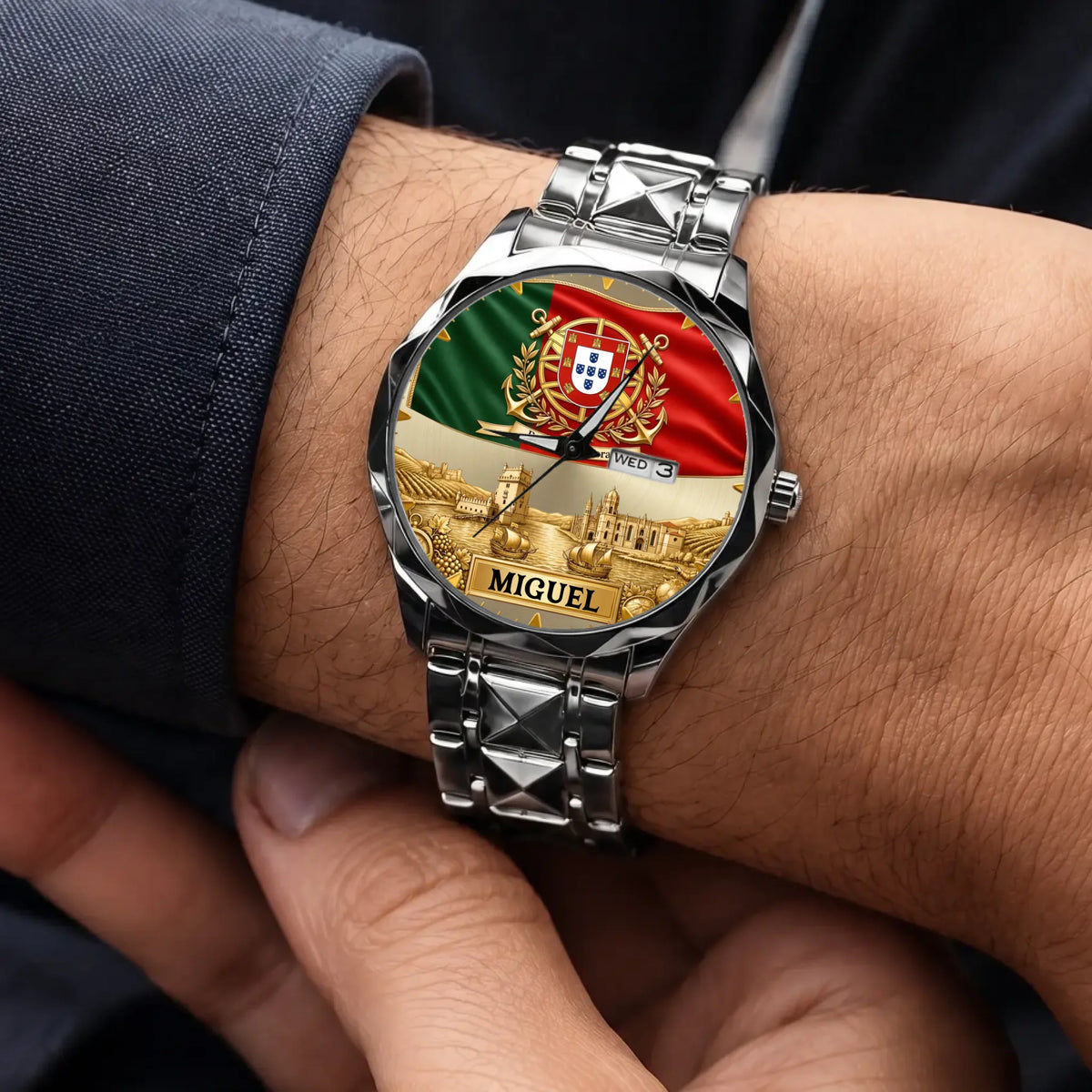 Personalized Portugal heritage watch - silver-tone faceted bracelet worn with a suit