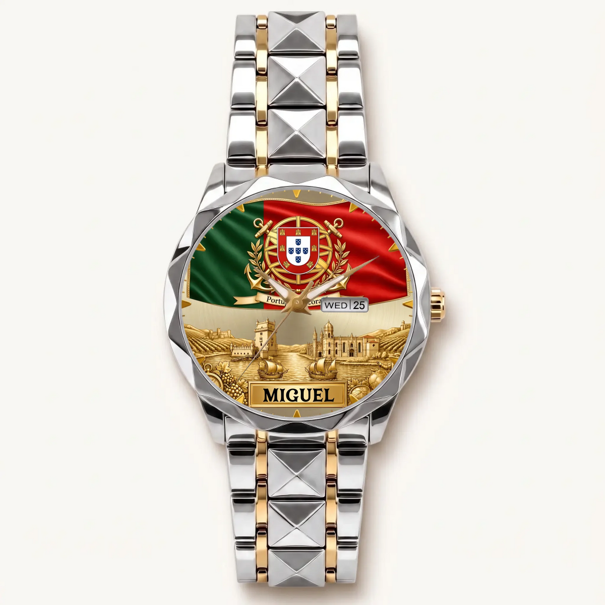 Personalized Portugal heritage watch - two-tone bracelet with silver-tone bezel