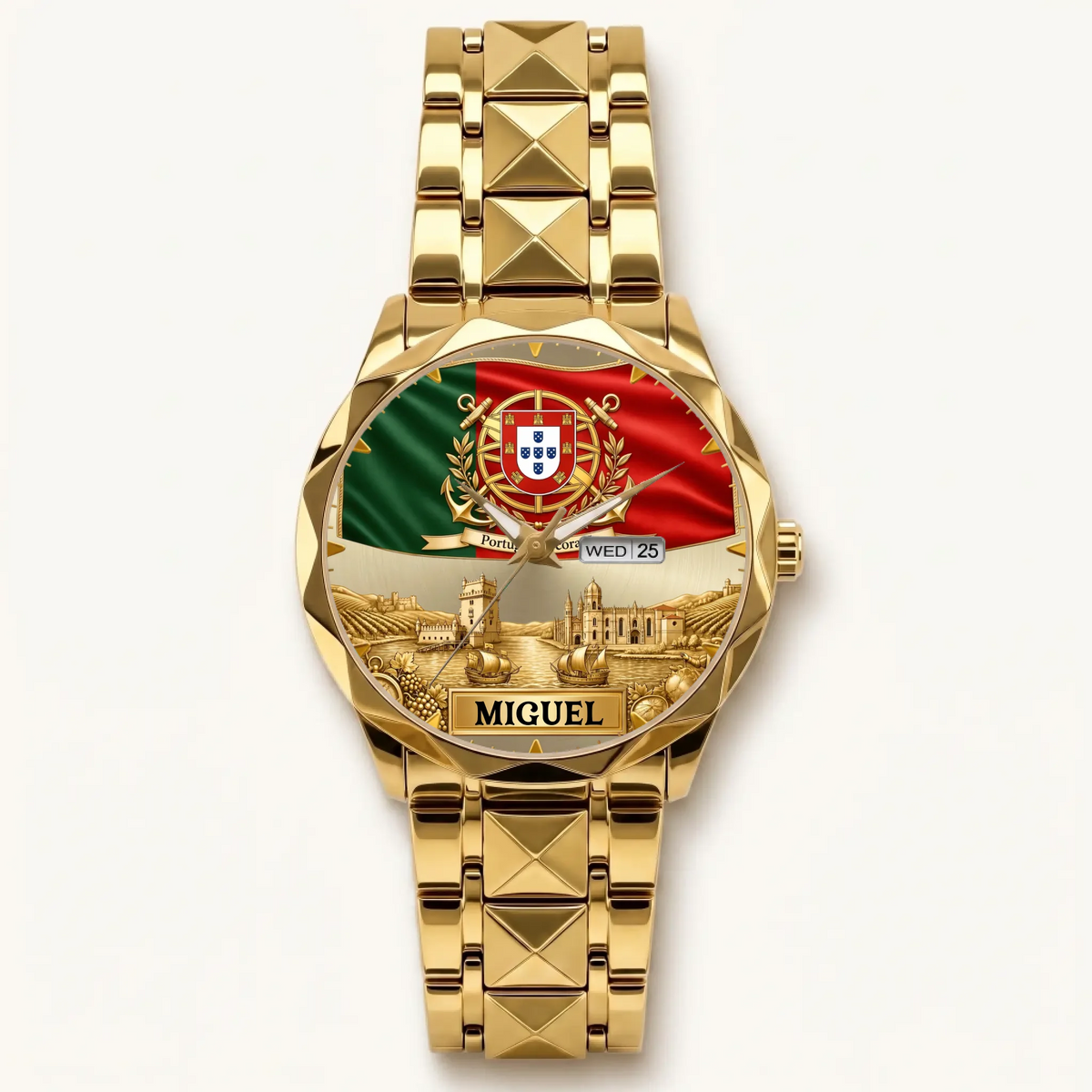 Personalized Portugal heritage watch - gold-tone faceted bracelet and day-date display