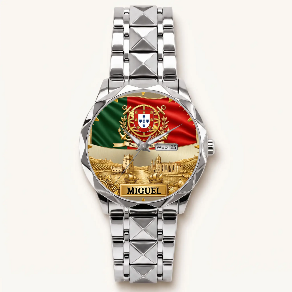 Personalized Portugal heritage watch - silver-tone faceted bracelet and day-date display