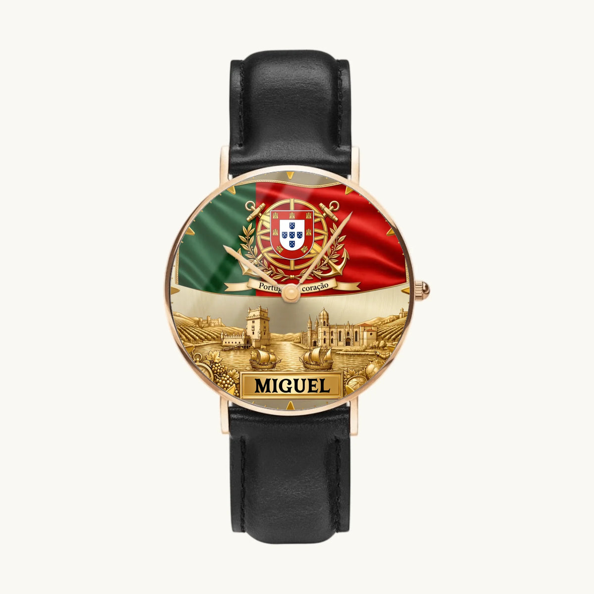 Personalized Portugal heritage watch - rose-gold-tone case and black leather strap, front view