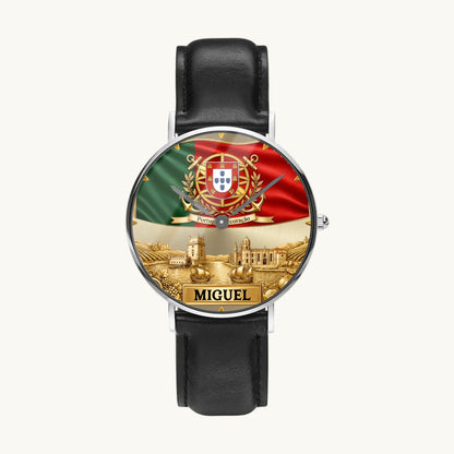 Personalized Portugal heritage watch - silver-tone case and black leather strap, front view