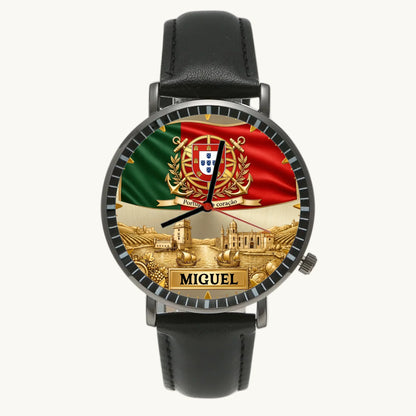 Personalized Portugal heritage watch - black case and black leather strap, front view