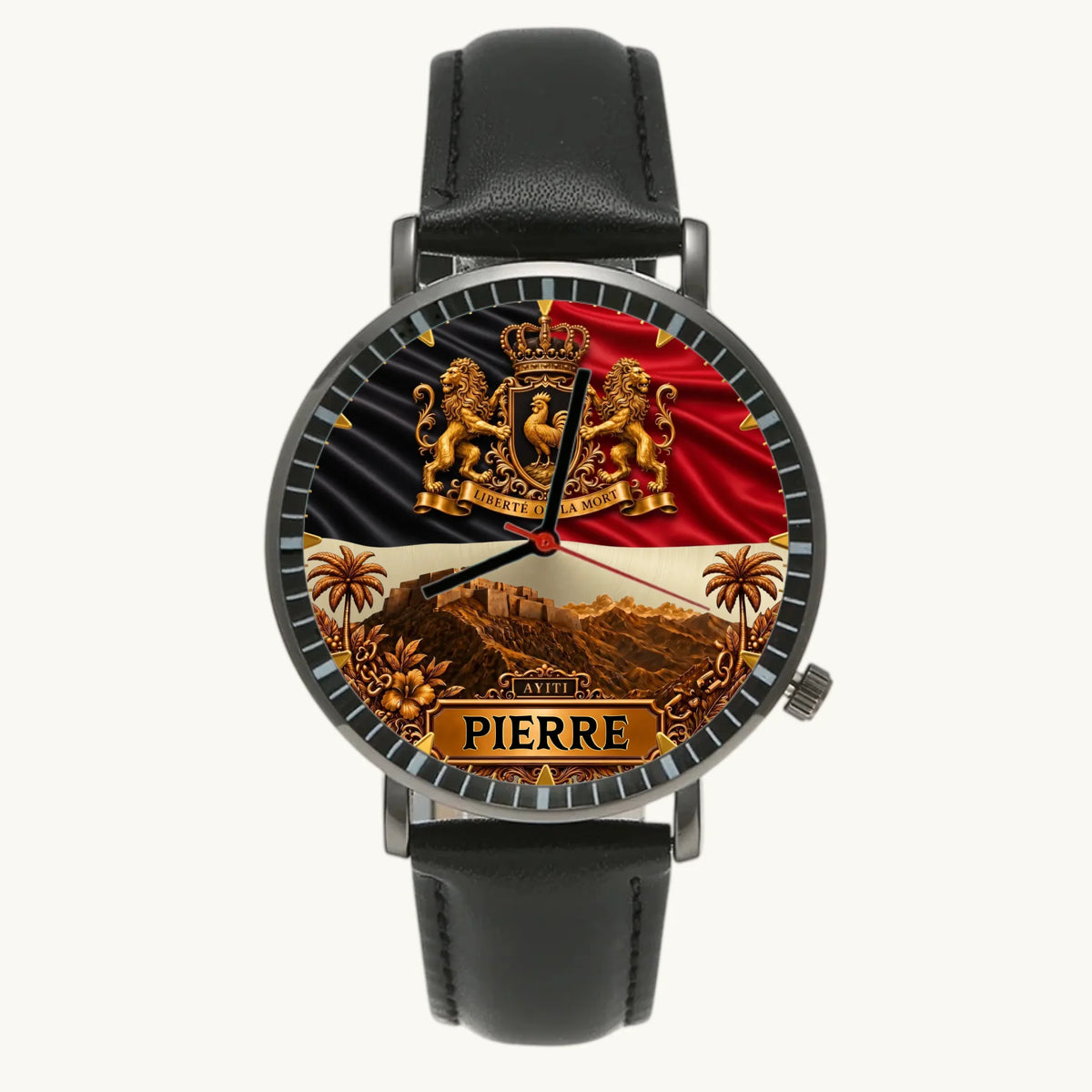 Personalized Haitian heritage watch - black case and black leather strap, front view
