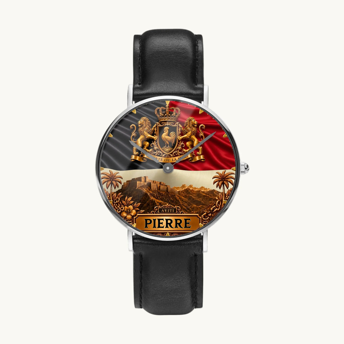Personalized Haitian heritage watch - silver-tone case and black leather strap, front view