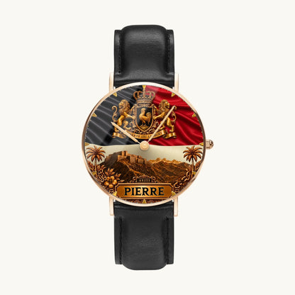 Personalized Haitian heritage watch - rose-gold-tone case and black leather strap, front view