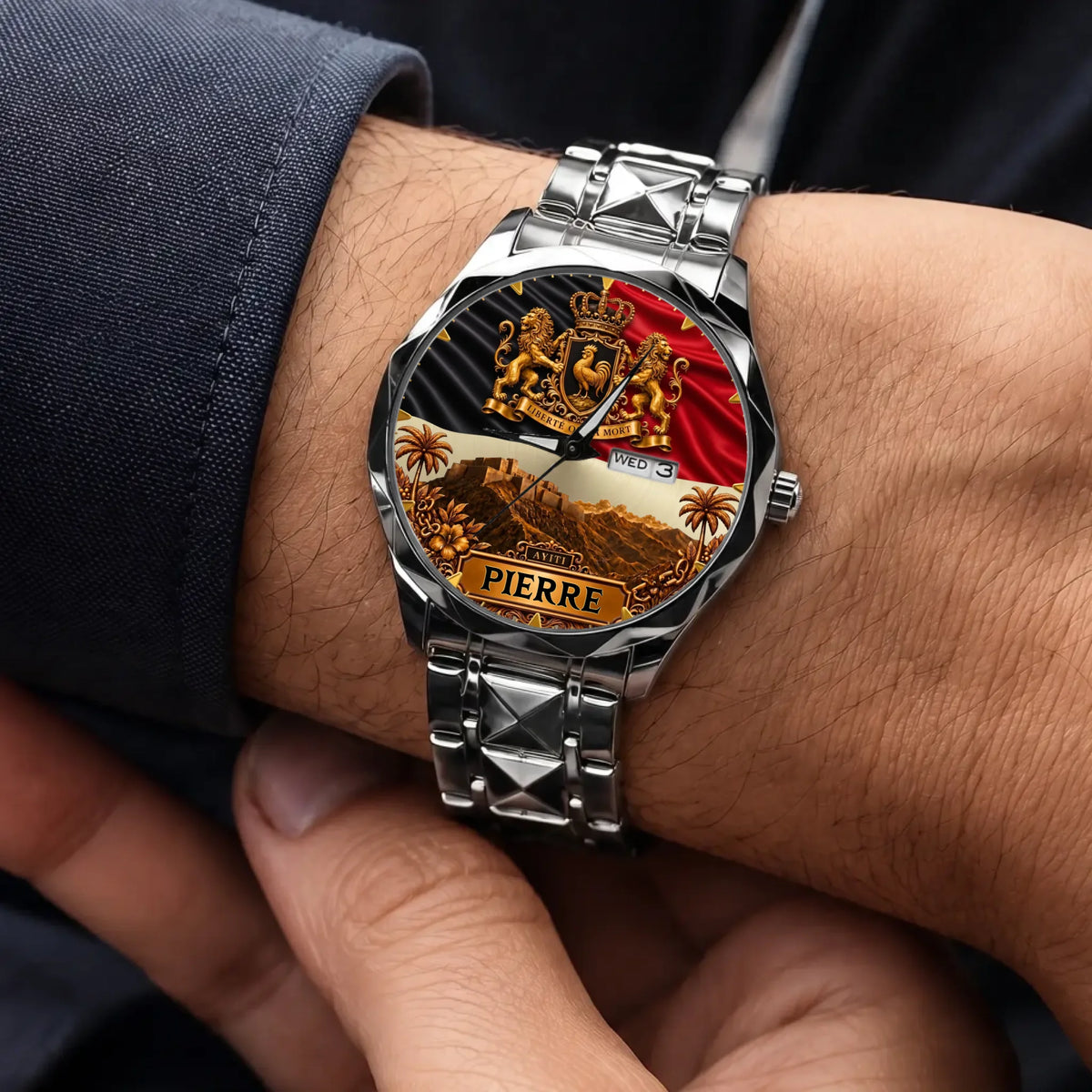 Personalized Haitian heritage watch - silver-tone faceted bracelet worn with a suit