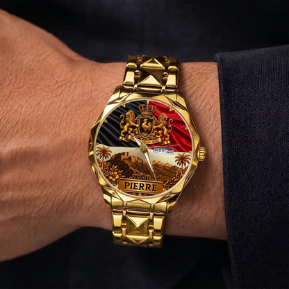 Personalized Haitian heritage watch - gold-tone faceted bracelet shown on the wrist