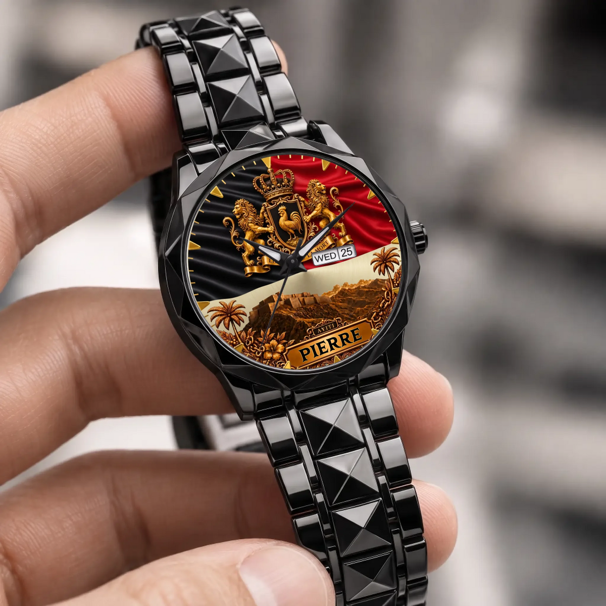 Personalized Haitian heritage watch - black faceted bracelet held in a hand