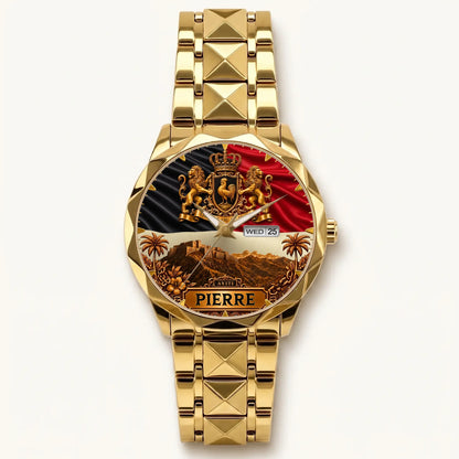 Personalized Haitian heritage watch - gold-tone faceted bracelet and day-date display