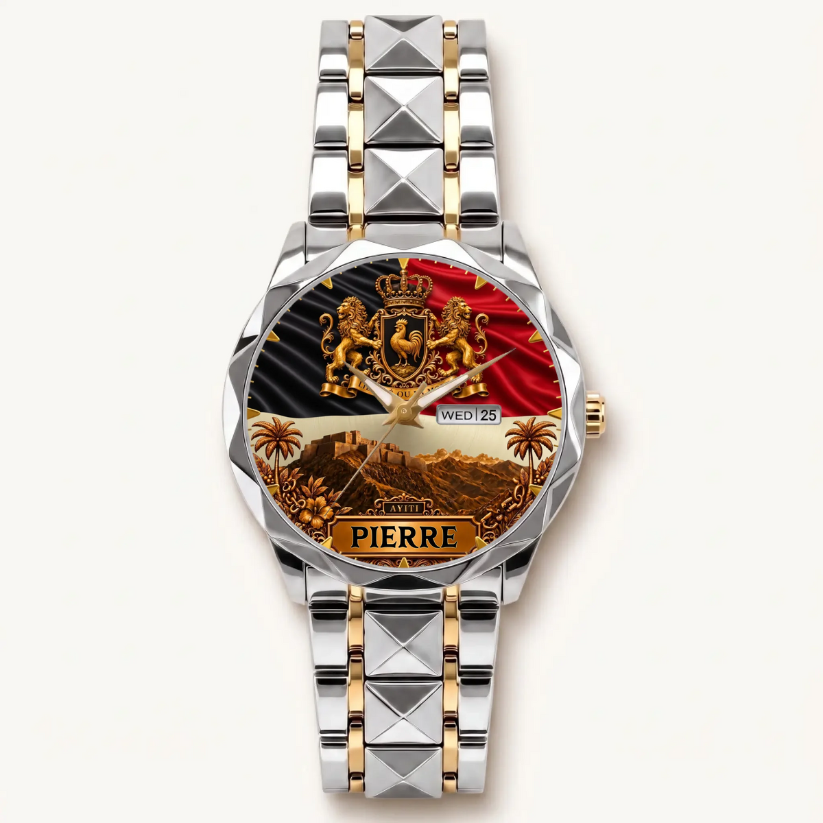 Personalized Haitian heritage watch - two-tone bracelet with silver-tone bezel