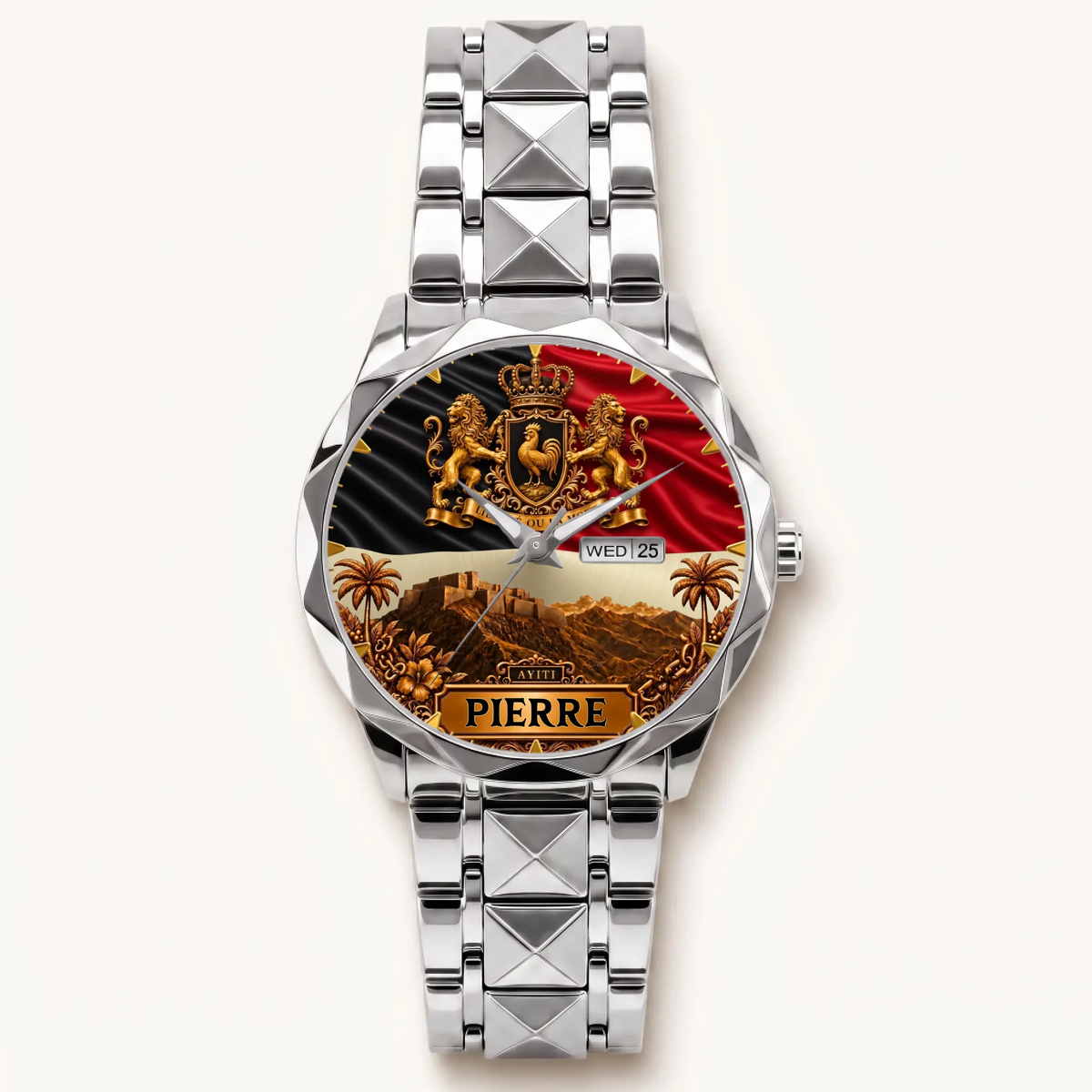 Personalized Haitian heritage watch - silver-tone faceted bracelet and day-date display