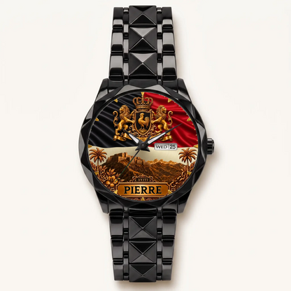 Personalized Haitian heritage watch - black faceted bracelet and day-date display