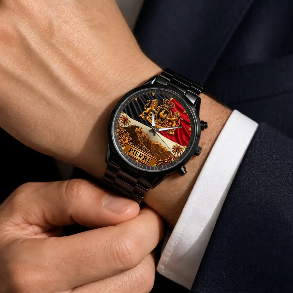 Personalized Haitian heritage watch - black metal bracelet worn with a suit