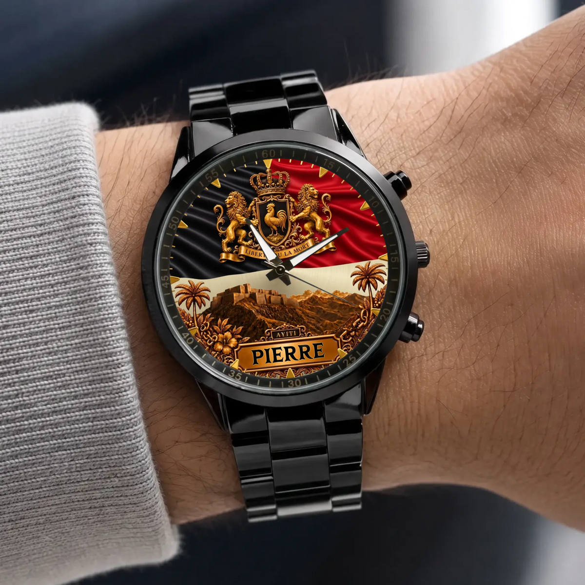Personalized Haitian heritage watch - black metal bracelet worn with a gray sweater