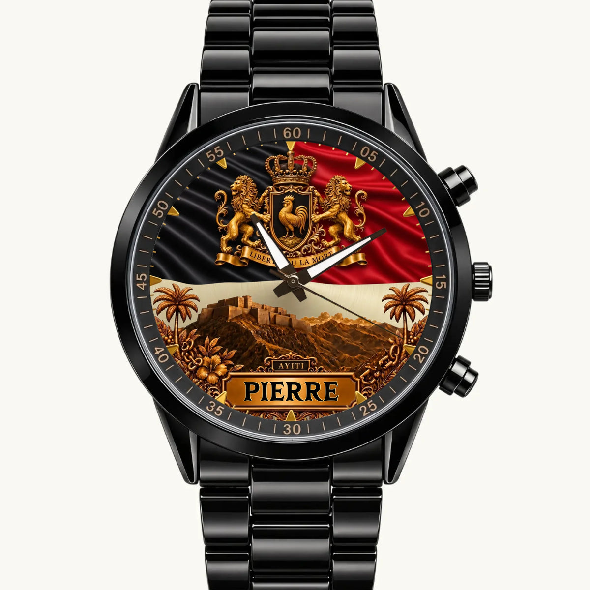 Personalized Haitian heritage watch with black-red emblem design and custom name, black metal bracelet