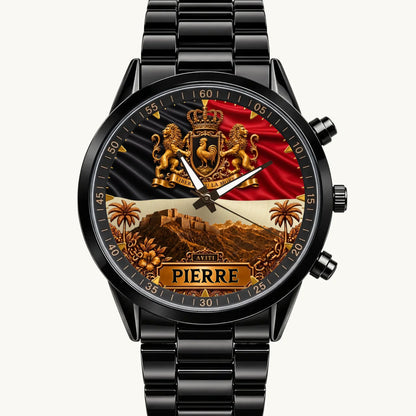 Personalized Haitian heritage watch with black-red emblem design and custom name, black metal bracelet