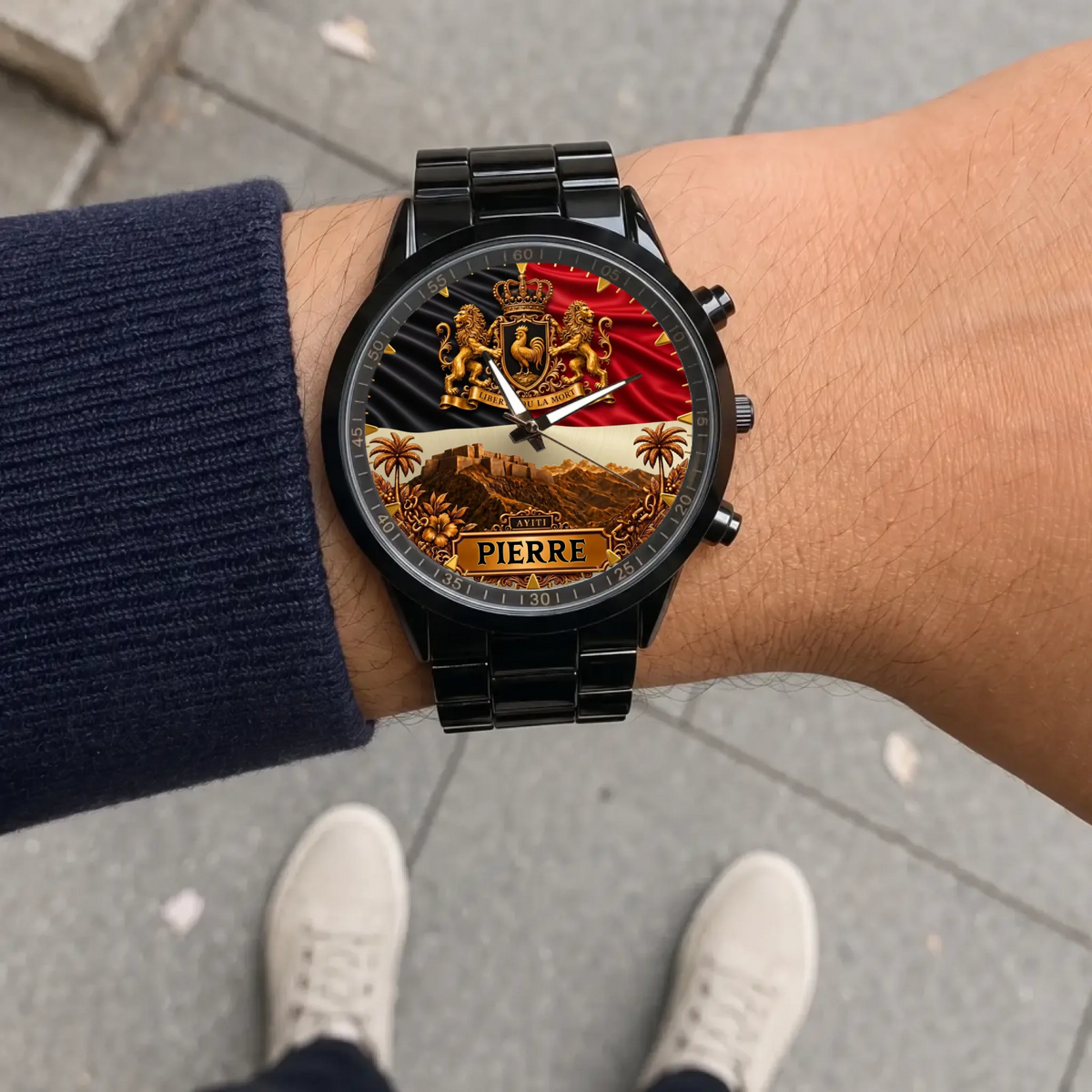 Personalized Haitian heritage watch - black metal bracelet worn outdoors