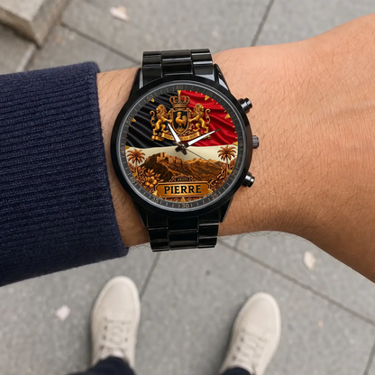 Personalized Haitian heritage watch - black metal bracelet worn outdoors