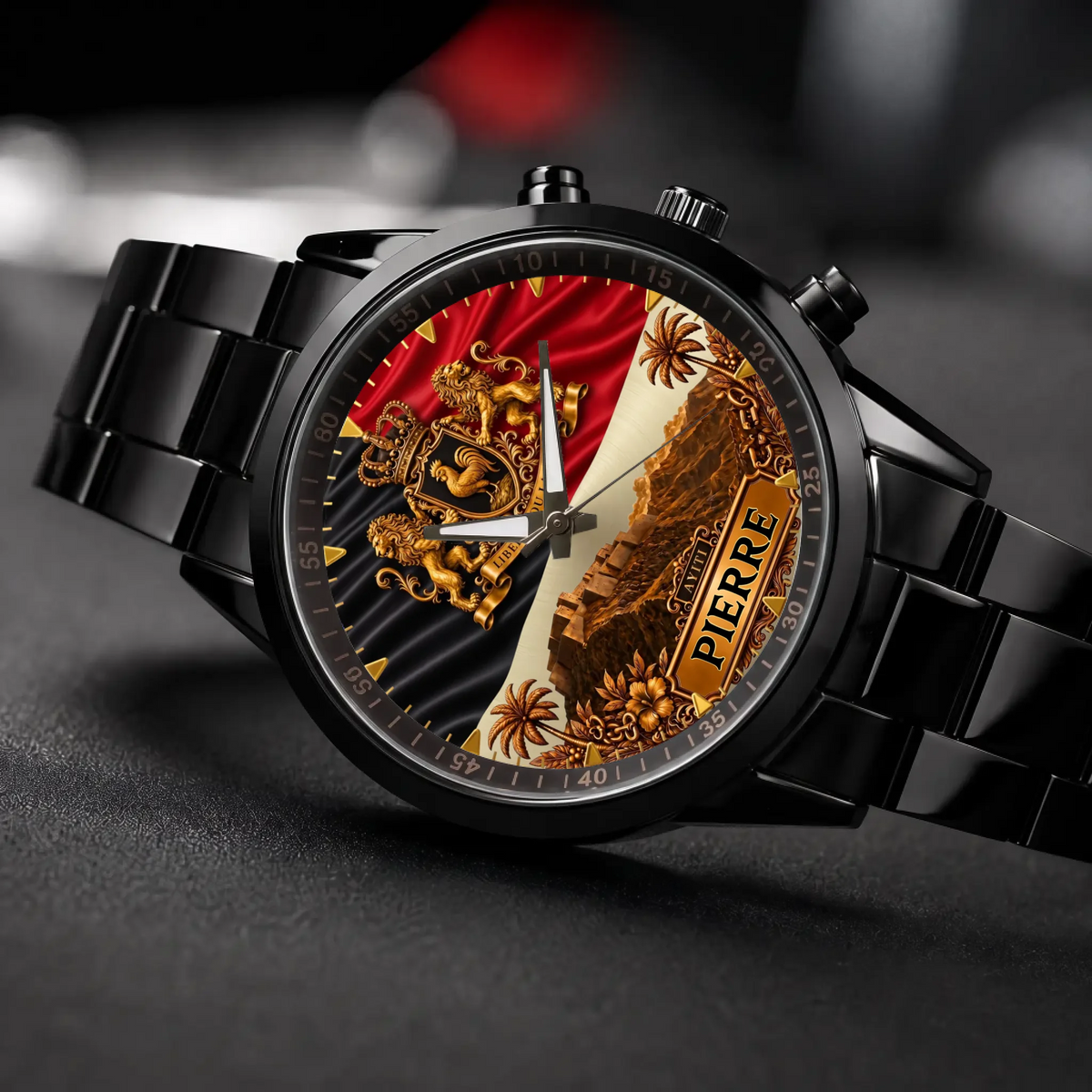 Personalized Haitian heritage watch - black metal bracelet, angled view on a dark surface