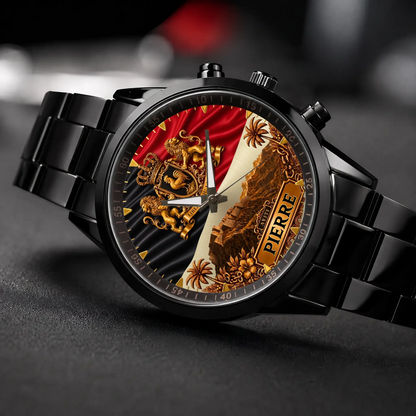 Personalized Haitian heritage watch - black metal bracelet, angled view on a dark surface