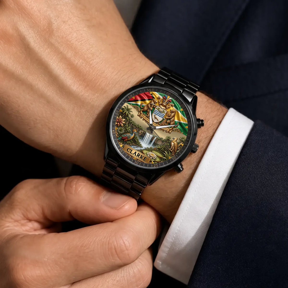 Personalized Guyana heritage watch - black metal bracelet worn with a suit