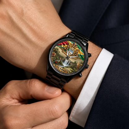 Personalized Guyana heritage watch - black metal bracelet worn with a suit
