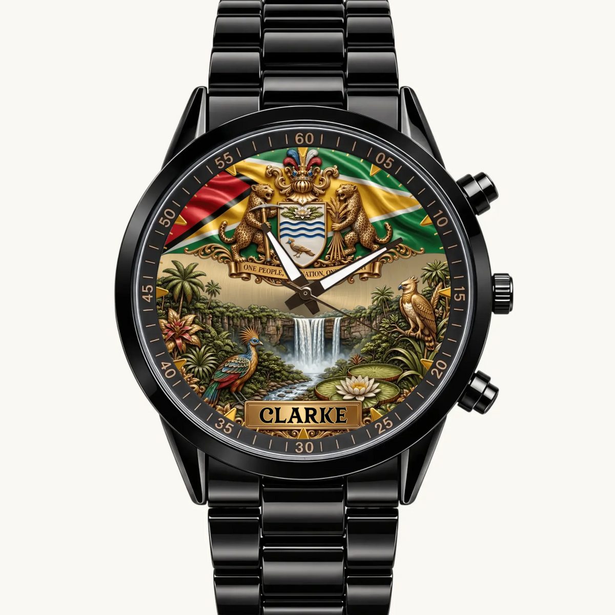 Personalized Guyana heritage watch with flag, coat of arms and custom name, black metal bracelet
