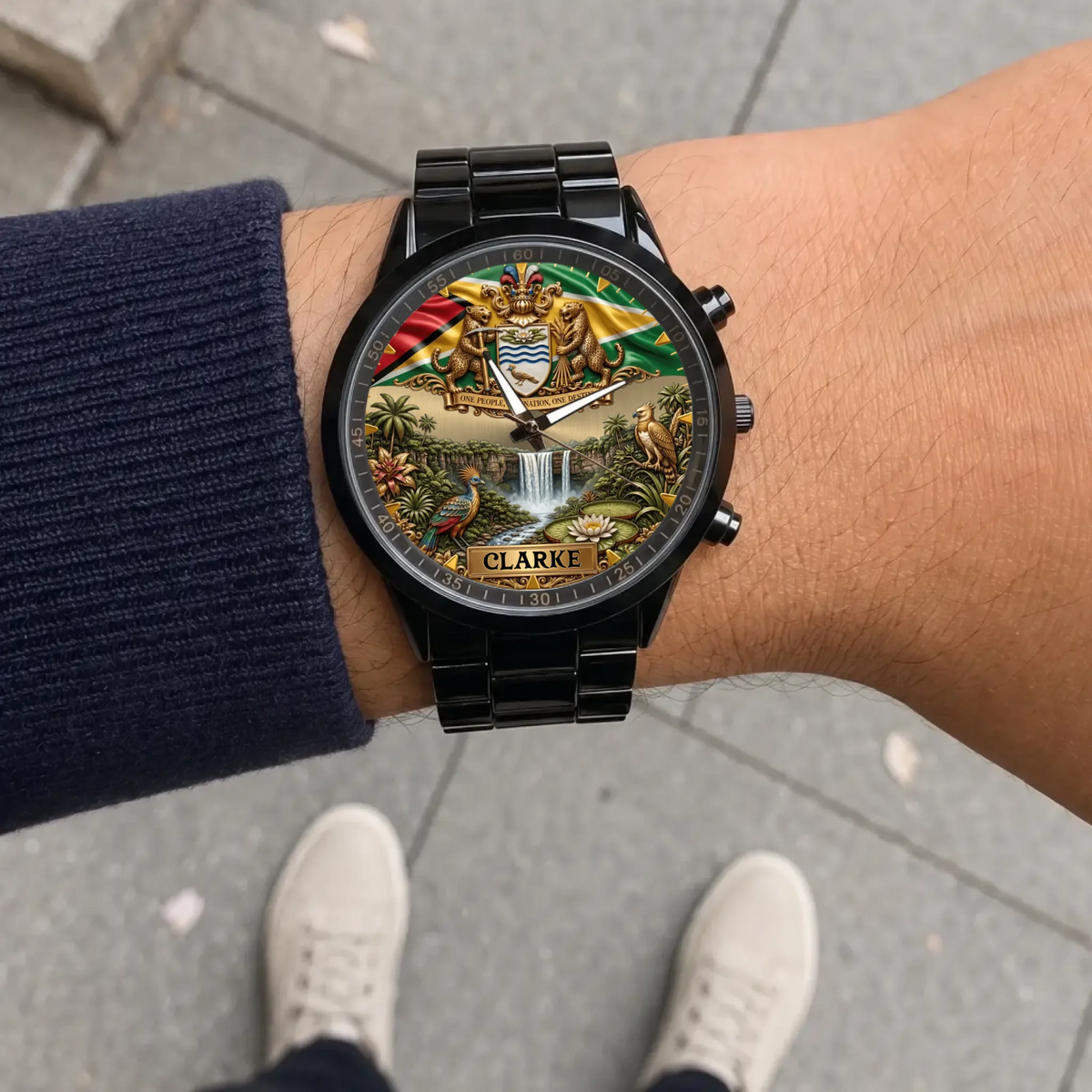 Personalized Guyana heritage watch - black metal bracelet worn outdoors